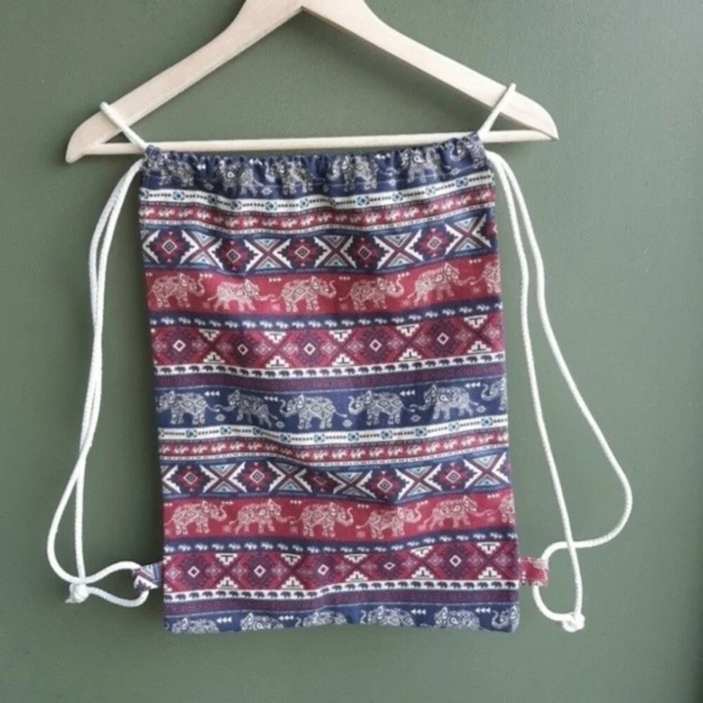 J.M. Bangkok Canvas Backpack Drawstring Gym Bag Ethnic Bohemian w/zip Pocket
